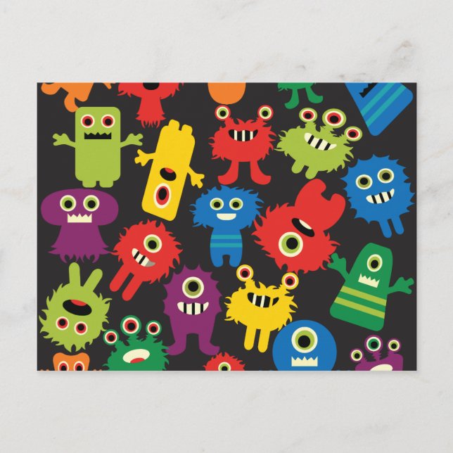 Colourful Crazy Fun Monsters Creatures Pattern Postcard (Front)