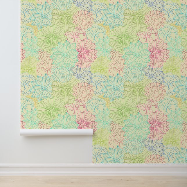 Colourful Cream Doodle Floral Pattern Wallpaper (Application)