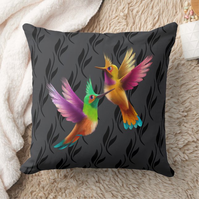 Colourful Crested Hummingbirds in Flight Throw Pillow (Blanket)