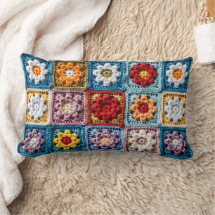 Colourful Crochet Granny Square Florals Lumbar Pillow