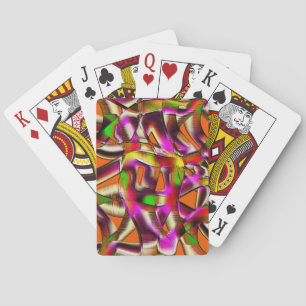 Colourful crooked cutouts with pink and carved playing cards
