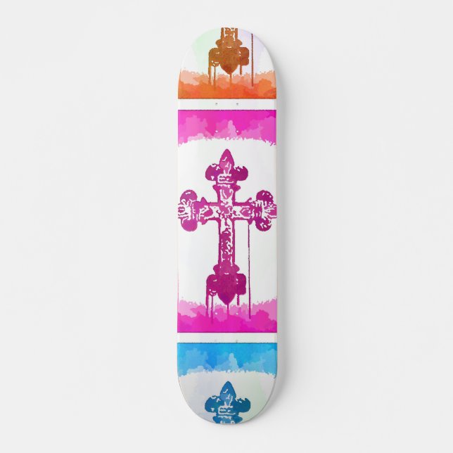 Colourful Crosses Christian Pop Art Collage Skateboard (Front)