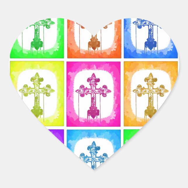 Colourful Crosses Christian Pop Art Heart Sticker (Front)