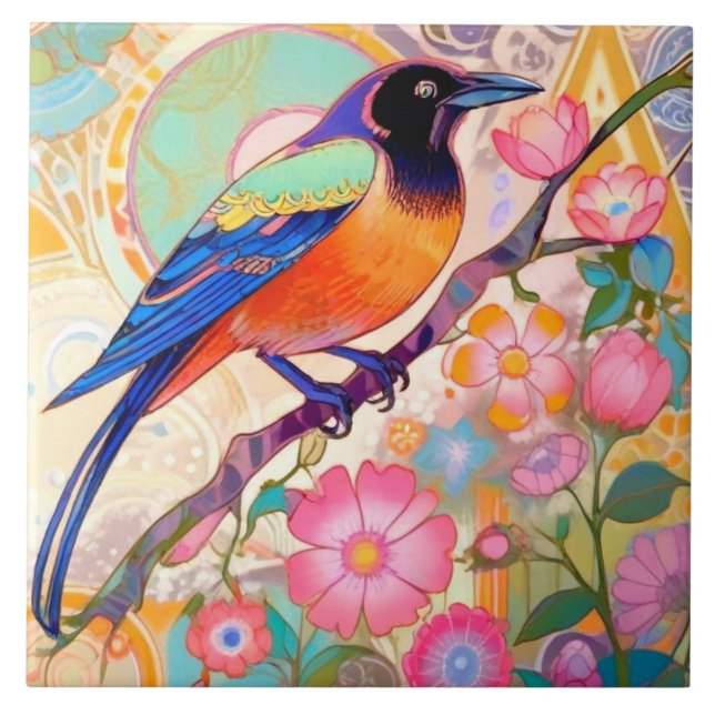 Colourful Crow Bird Rainbow Spring Flowers Floral Tile (Front)