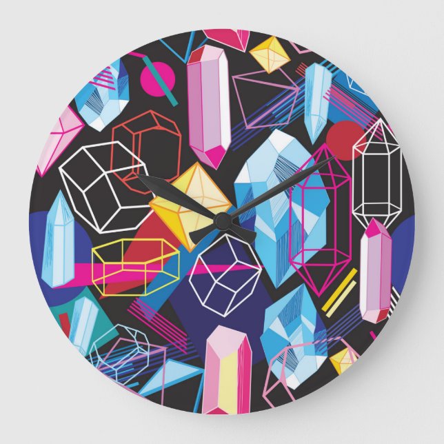 Colourful crystals, dark abstract background large clock (Front)