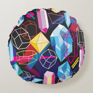 Colourful crystals, dark abstract background round pillow