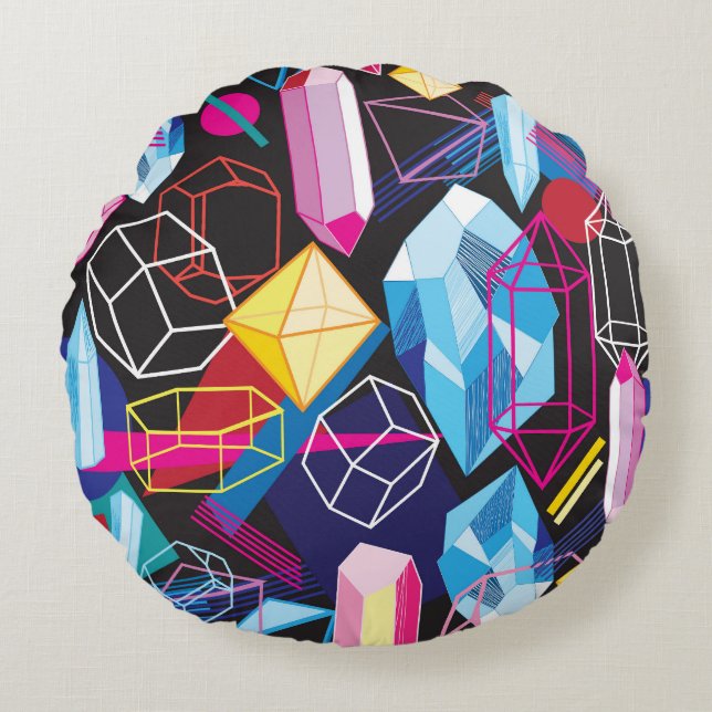 Colourful crystals, dark abstract background round pillow (Front)