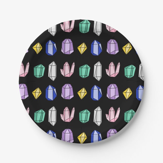 Colourful Crystals Pattern Black Paper Plate (Front)