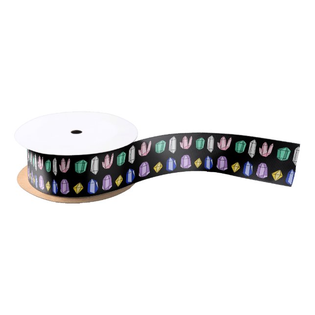 Colourful Crystals Pattern Black Satin Ribbon (Spool)
