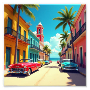 Colourful Cuban Street with Classic Cars Photo Print