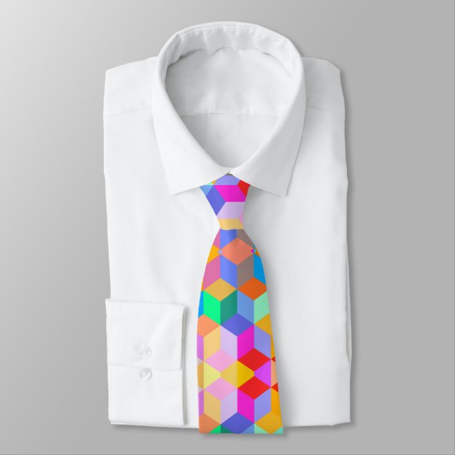 Colourful Cubes pattern, isometric boxes backgroun Tie (Tied)