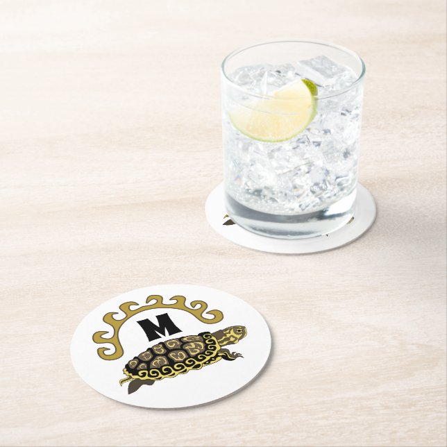 Colourful Cumberland Slider Turtle Monogram Round Paper Coaster (Insitu)