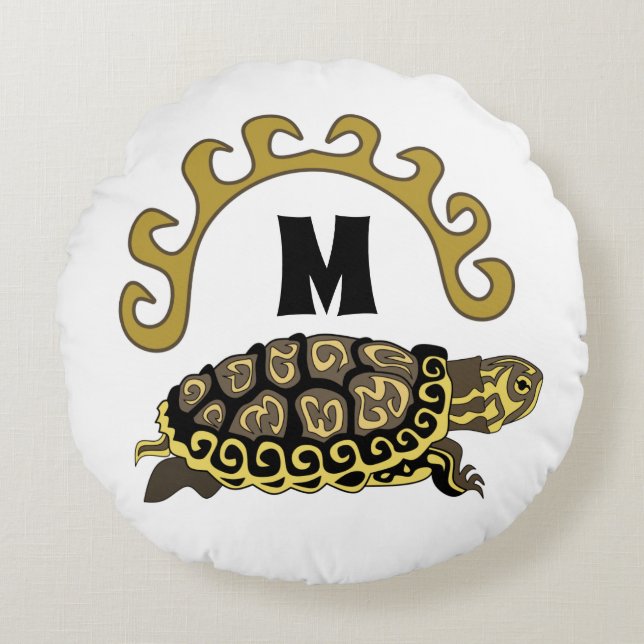 Colourful Cumberland Slider Turtle Monogram Round Pillow (Front)