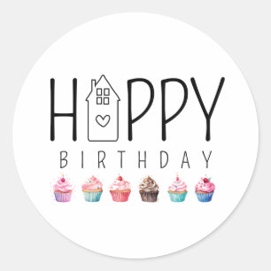 Colourful Cupcake House Happy Birthday Realty Classic Round Sticker