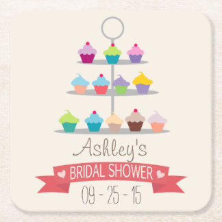 Colourful Cupcake Tree Bridal Shower Square Paper Coaster
