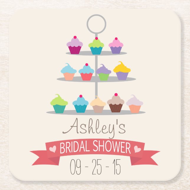 Colourful Cupcake Tree Bridal Shower Square Paper Coaster (Front)