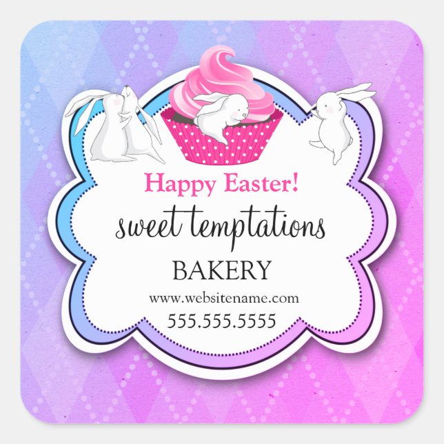 Colourful Cupcake Whimsical Bunnies Bakery Square Sticker (Front)