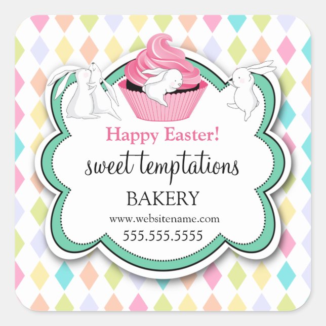 Colourful Cupcake Whimsical Bunnies Bakery Square Sticker (Front)