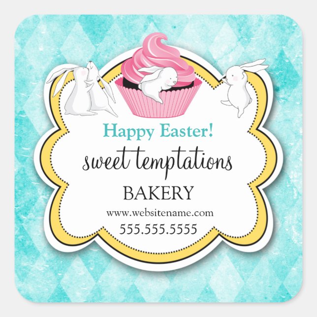 Colourful Cupcake Whimsical Bunnies Square Sticker (Front)