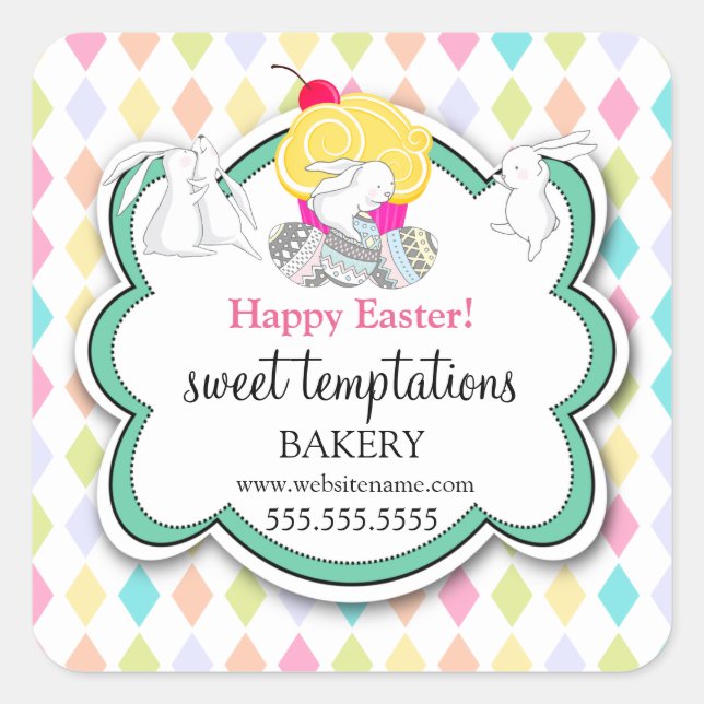Colourful Cupcake Whimsical Easter Bunnies Bakery Square Sticker (Front)