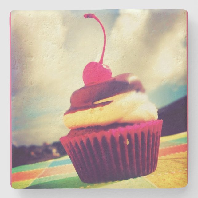 Colourful Cupcake with Cherry on Top Stone Coaster (Front)