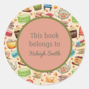 Colourful Cupcakes and Teapots Book Name Plate Classic Round Sticker