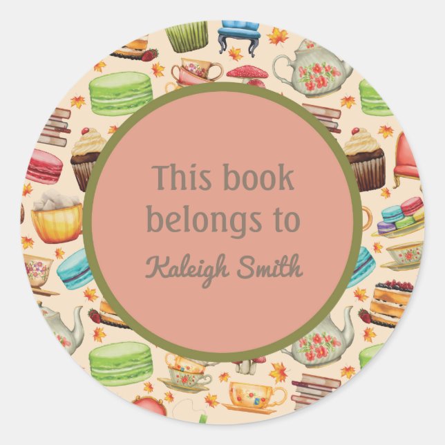 Colourful Cupcakes and Teapots Book Name Plate Classic Round Sticker (Front)