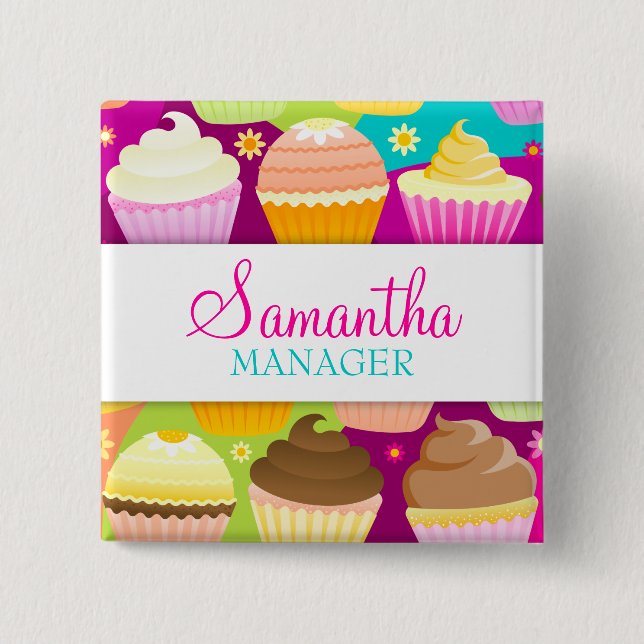 Colourful Cupcakes Name Badge 2 Inch Square Button (Front)
