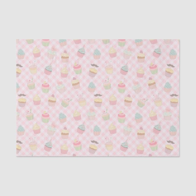 Colourful Cupcakes on Pink Gingham Tissue Paper (Front)