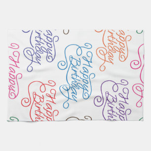 Colourful Cursive Happy Birthday Pattern Kitchen Towel