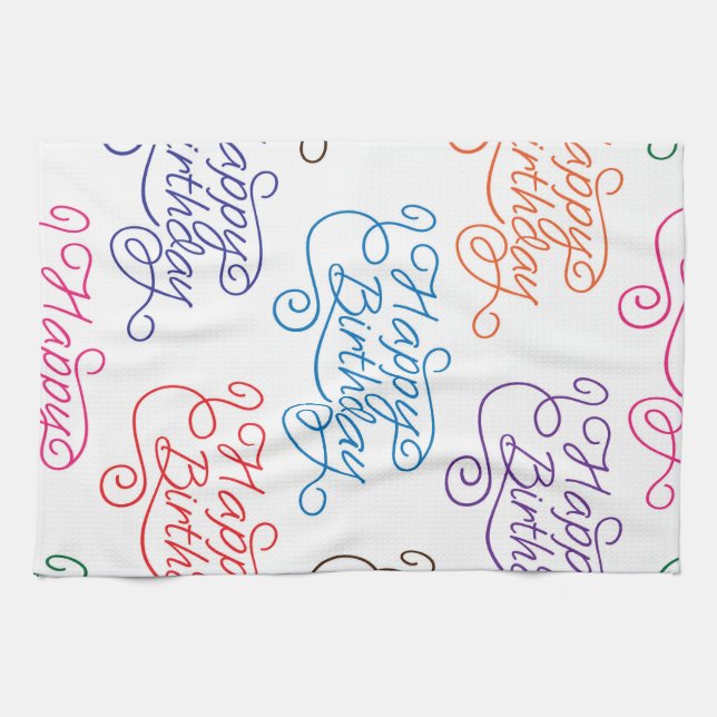 Colourful Cursive Happy Birthday Pattern Kitchen Towel (Horizontal)