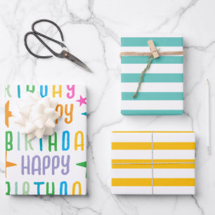 Colourful Custom and White Stripes Happy Birthday Wrapping Paper Sheet
