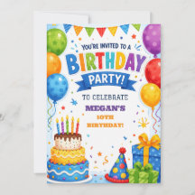 Colourful Custom Cake and Balloons Birthday Invite