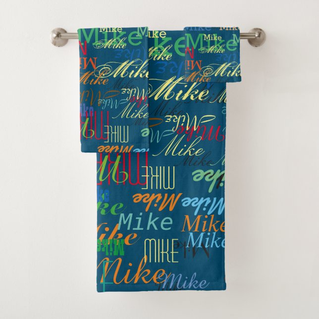 Colourful Custom Names Stylish Pattern Blue Bath Towel Set (Insitu)