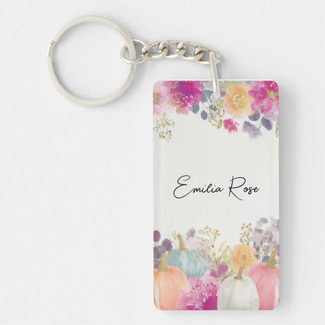 colourful Custom Pumpkin and Flowers Design Keychain (Front)
