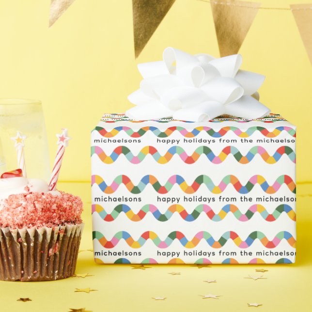 Colourful Custom Text Wavy Checked Line Pattern Wrapping Paper (Birthday Party)