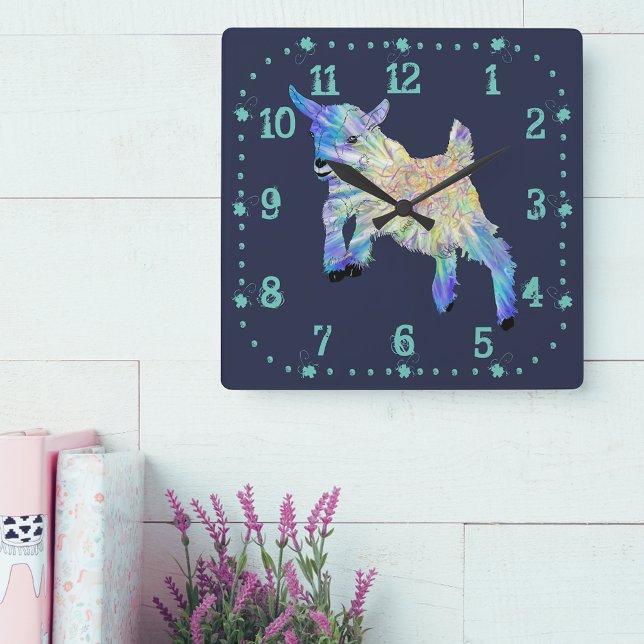 Colourful Cute Baby Goat Jumping Funky Animal Art Square Wall Clock (Cute cute jumping colorful farm animal art blue wall clock)