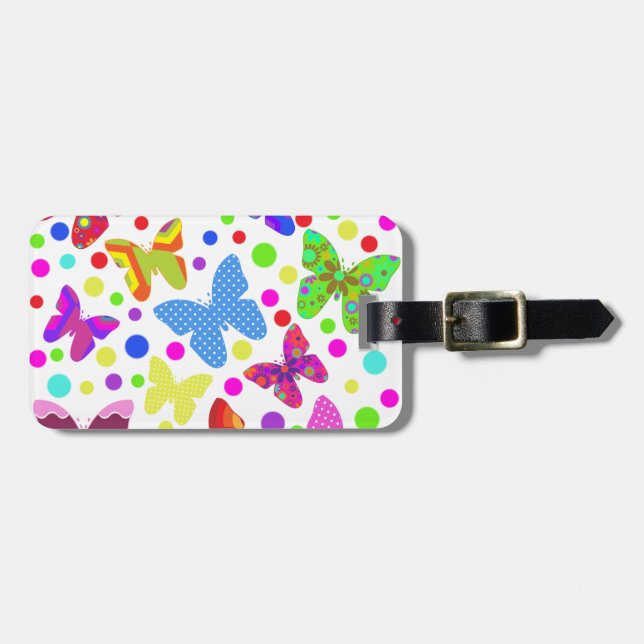 Colourful cute butterflies and polka dots luggage tag (Front Horizontal)