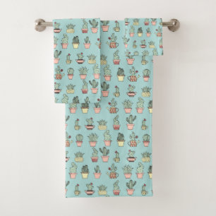 Colourful Cute Cactus In Hand Drawn Style Pattern Bath Towel Set