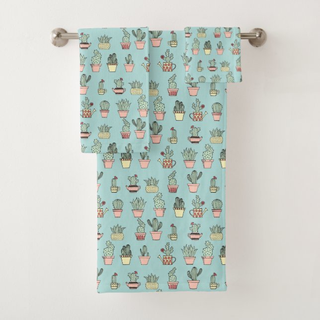 Colourful Cute Cactus In Hand Drawn Style Pattern Bath Towel Set (Insitu)