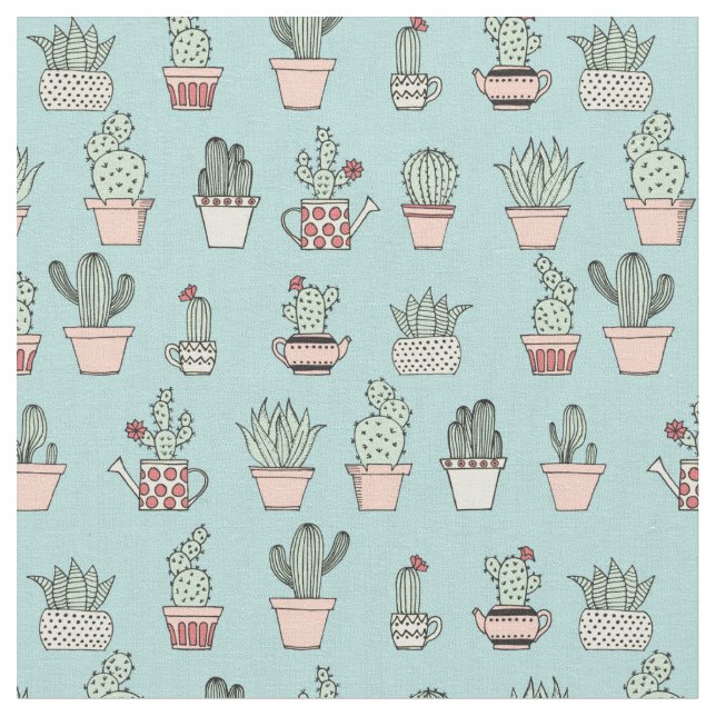 Colourful Cute Cactus In Hand Drawn Style Pattern Fabric (Close Up)
