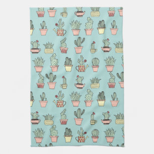 Colourful Cute Cactus In Hand Drawn Style Pattern Kitchen Towel