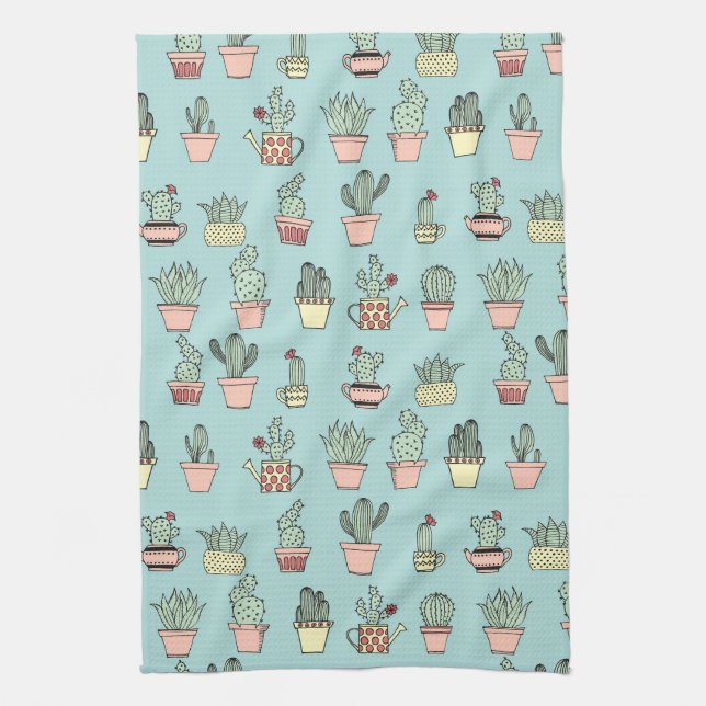 Colourful Cute Cactus In Hand Drawn Style Pattern Kitchen Towel (Vertical)