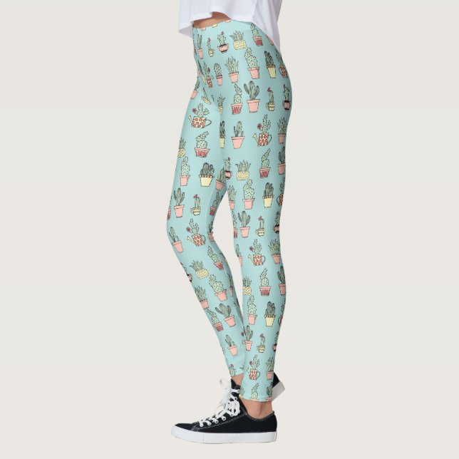 Colourful Cute Cactus In Hand Drawn Style Pattern Leggings (Left)
