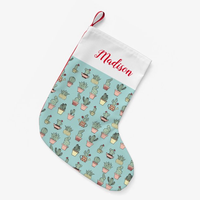 Colourful Cute Cactus In Hand Drawn Style Pattern Small Christmas Stocking (Front (Hanging))
