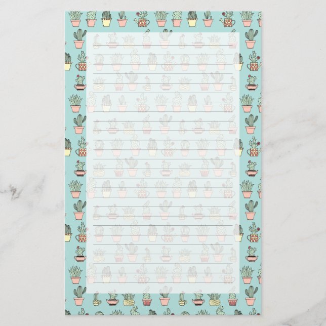 Colourful Cute Cactus In Hand Drawn Style Pattern Stationery (Front)