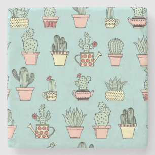 Colourful Cute Cactus In Hand Drawn Style Pattern Stone Coaster