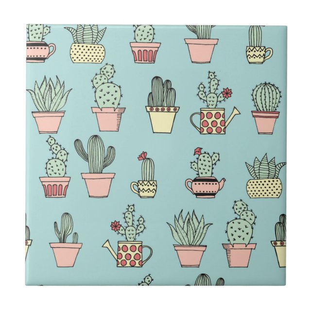 Colourful Cute Cactus In Hand Drawn Style Pattern Tile (Front)