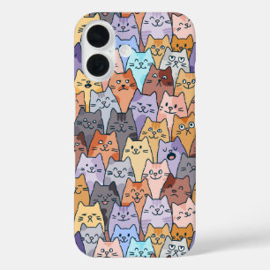 Colourful Cute Cat Crowd Pattern Whimsical Cat Fac iPhone 16 Case