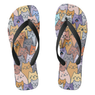 Colourful Cute Cat Crowd Pattern Whimsical Cat Fac Flip Flops